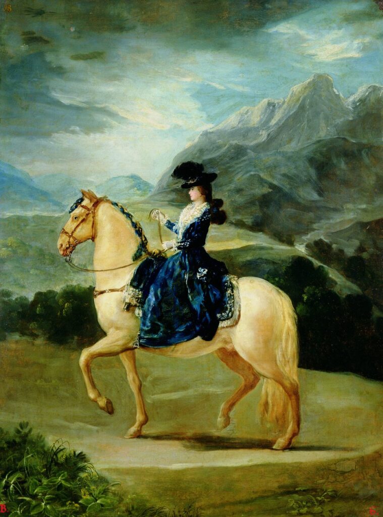 Francisco de Goya (1783). Retrato ecuestre de María Teresa de Vallabriga. Caballo de capa dorada. Obra en dominio público.